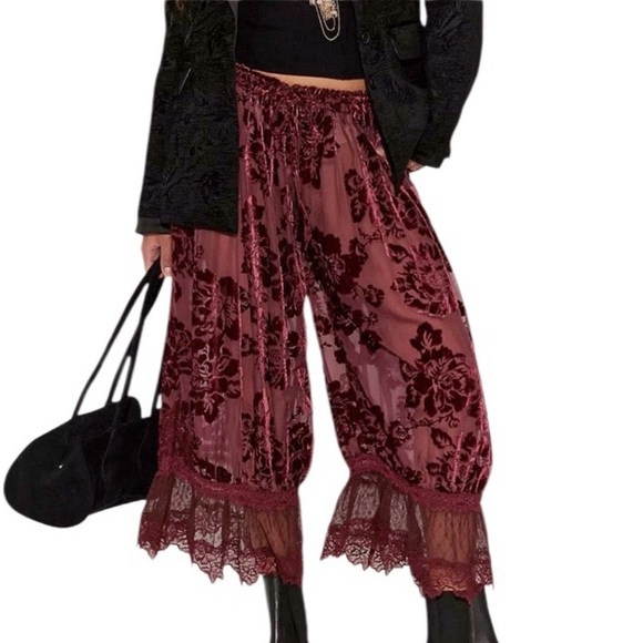 Free People Pants - FREE PEOPLE FOREVER YOUNG VELVET FLORAL LACE LONG BLOOMERS BURGUNDY M L